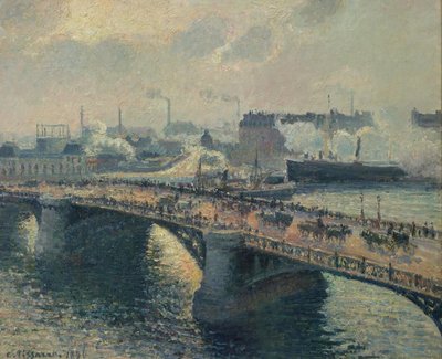 The Boieldieu Bridge at Rouen, Sunset, Foggy Weather by Camille Jacob Pissarro